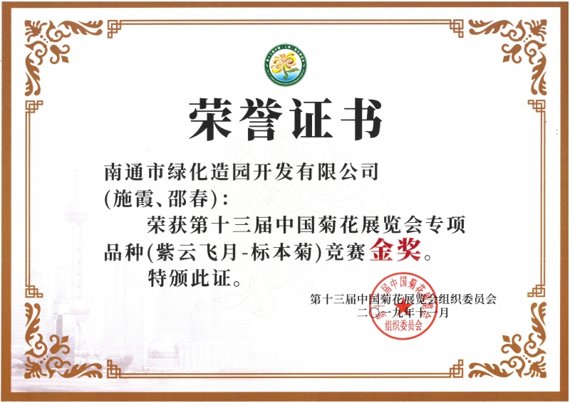十三屆中國菊花展覽會專項品種（紫云飛月-標本菊）競賽金獎（施霞、邵春）